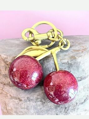 Gold Cherry Keychain with Sparkling Red Cherries bag charm NEW